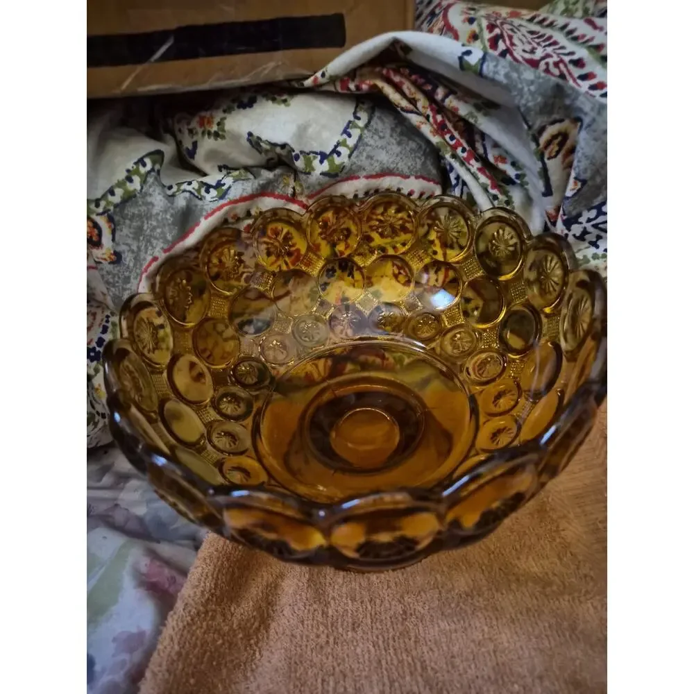 Vintage LE Smith amber Glass Pedesal Candy Dish With Moon And Stars Pattern